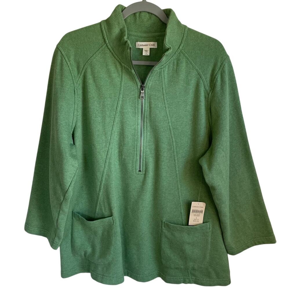 Coldwater Creek Sweatshirt Womens Large NWT Green Seam Detail Pocket Top Cozy